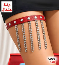 420 - Studded thigh band with straight hanging chains.