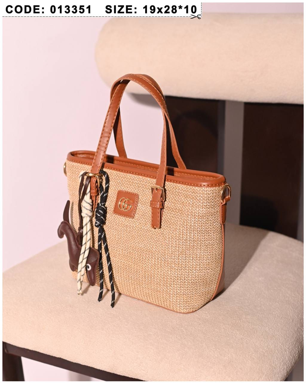 013351 — Woven Texture Charm Tote — Tan