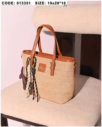 013351 — Woven Texture Charm Tote — Tan