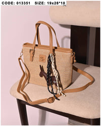 013351 — Woven Texture Charm Tote — Beige