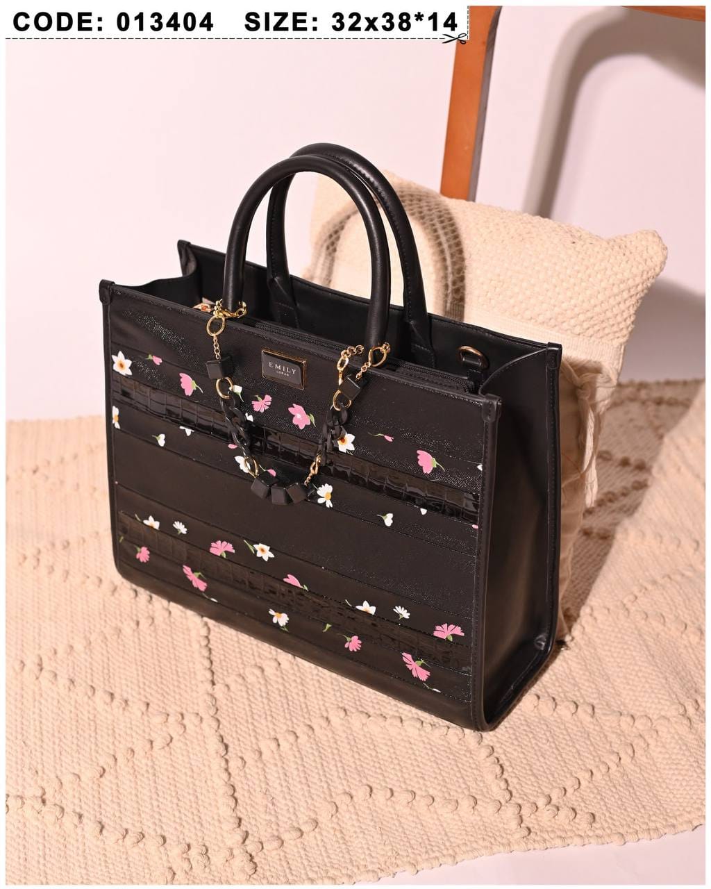 013404 — Printed Stripe Tote Bag — Black Floral