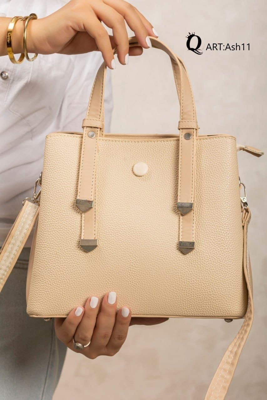 Ah11 — Metal Trim Top Handle Bag — Cream