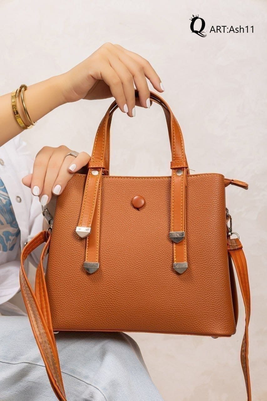 Ah11 — Metal Trim Top Handle Bag — Tan