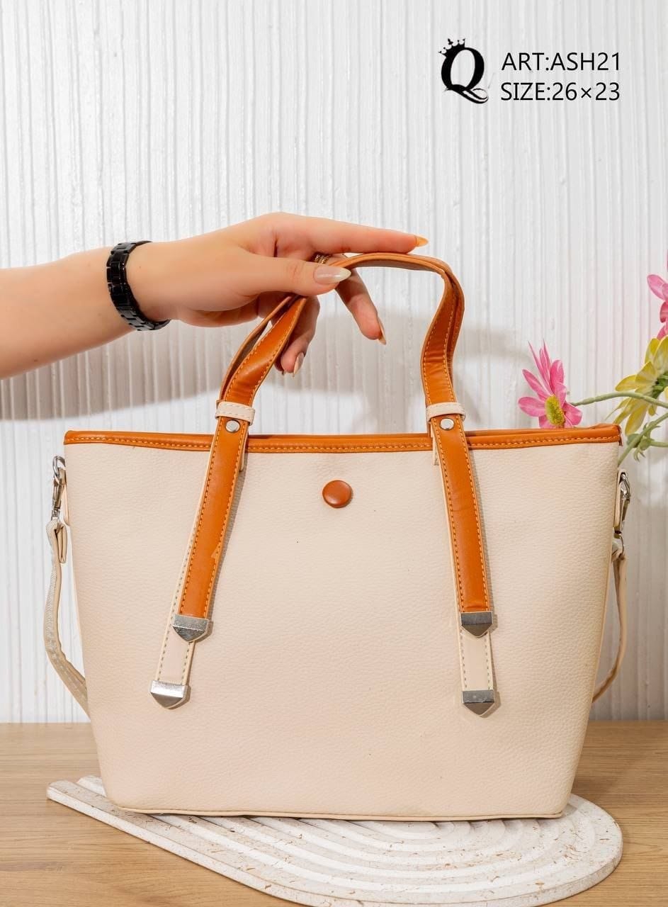ASH21 — Contrast Handle Tote Bag — Cream