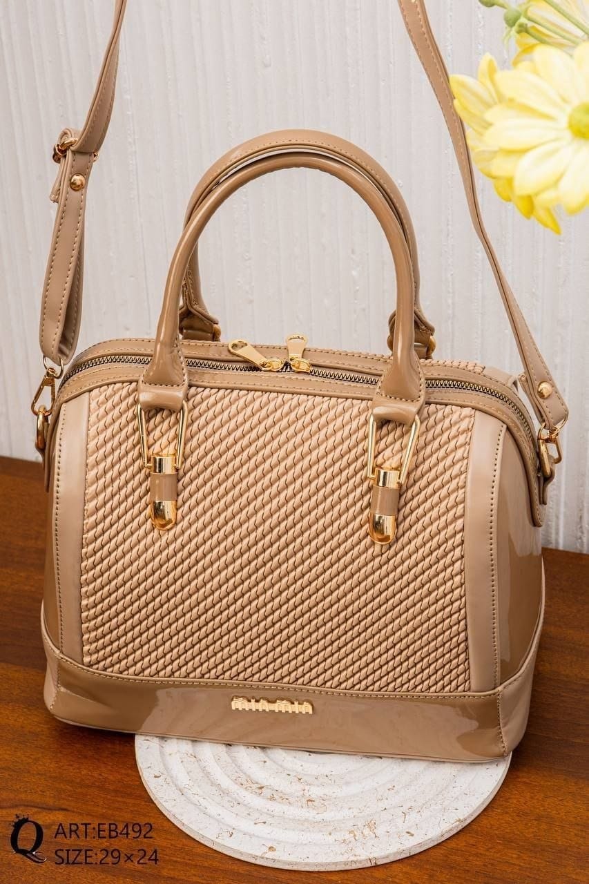 EB492 — Textured Zip Top Handle Bag — Beige