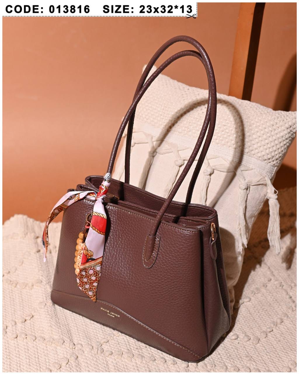 013816 — Scarf Detail Structured Tote — Brown