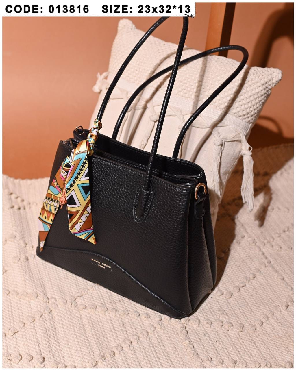 013816 — Scarf Detail Structured Tote — Black