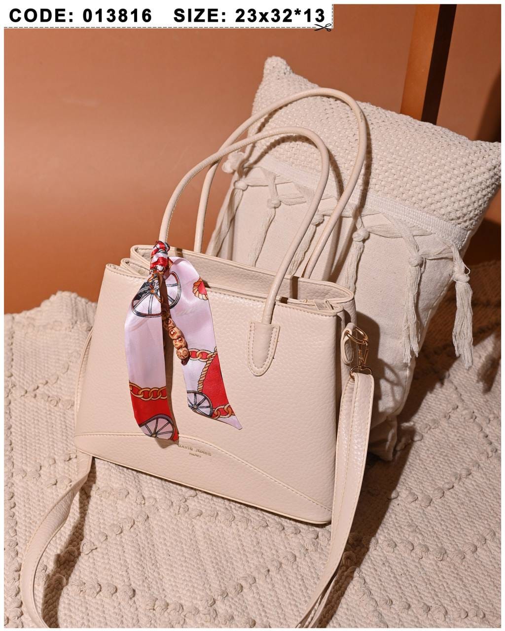 013816 — Scarf Detail Structured Tote — Cream