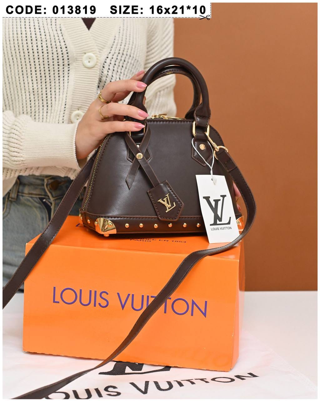 013819 — Stud Trim Dome Handbag — Dark Brown