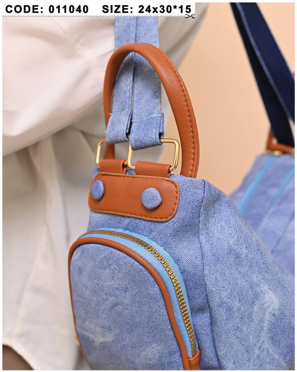 011040 — Denim Blue side-pocket shoulder handbag detail, 24 × 30 × 15 (Denim Blue)