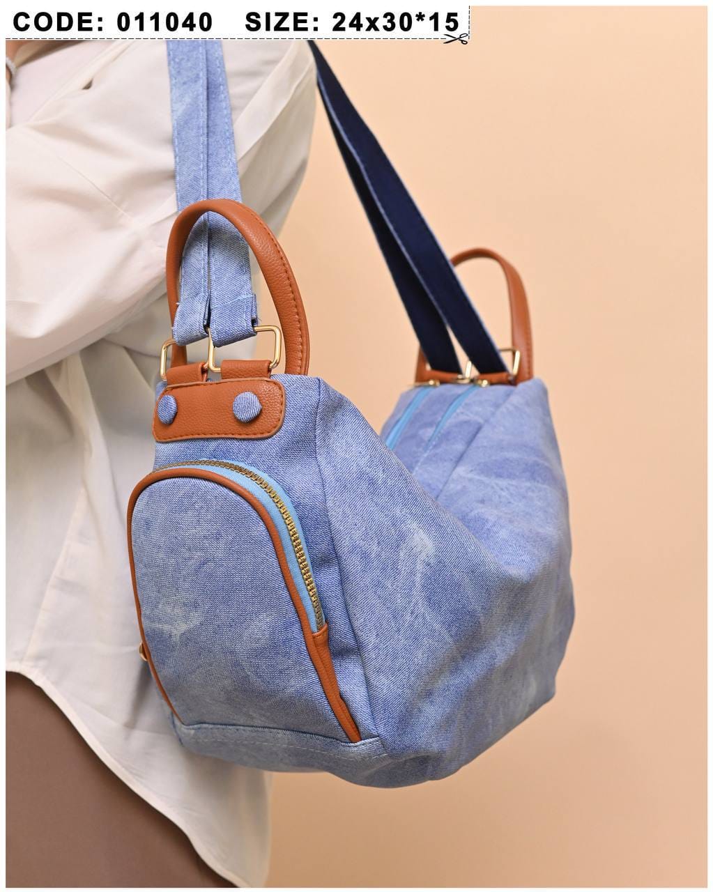 011040 — Denim Blue side-pocket shoulder handbag front, 24 × 30 × 15 (Denim Blue)