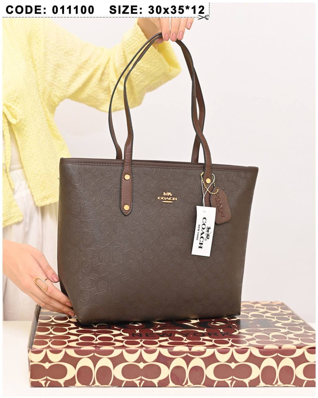 011100 — Brown long-handle tote bag front, 30 × 35 × 12 (Brown)