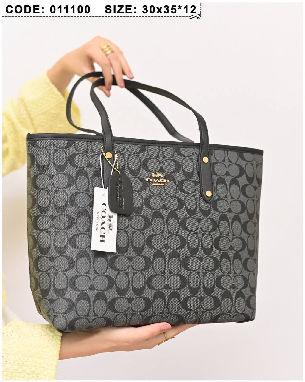 011100 — Grey and Black long-handle tote bag detail, 30 × 35 × 12 (Grey and Black)