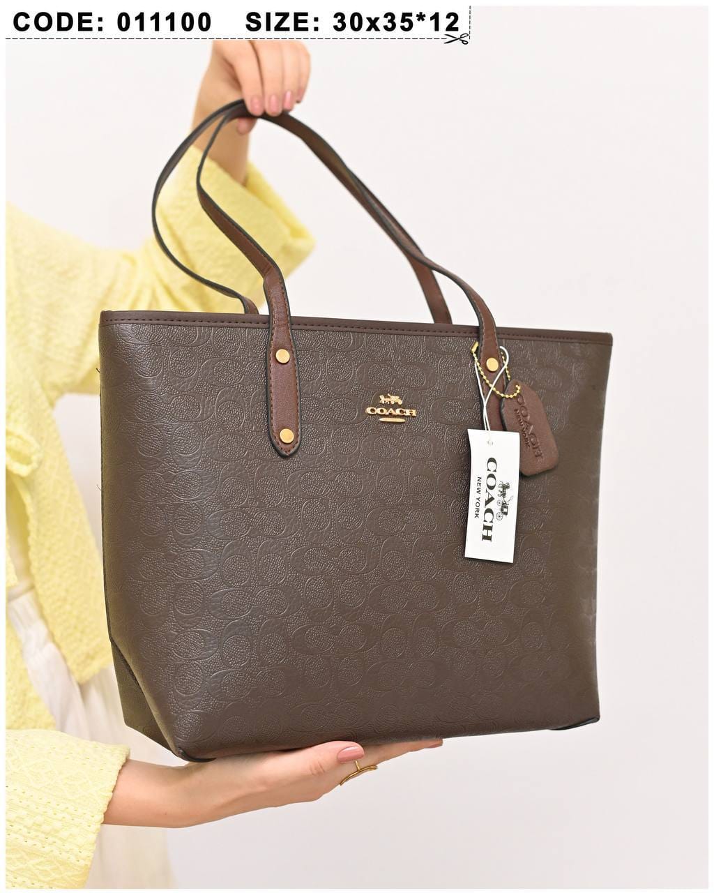 011100 — Brown long-handle tote bag detail, 30 × 35 × 12 (Brown)