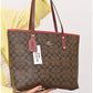 011100 — Brown and Red long-handle tote bag detail, 30 × 35 × 12 (Brown and Red)