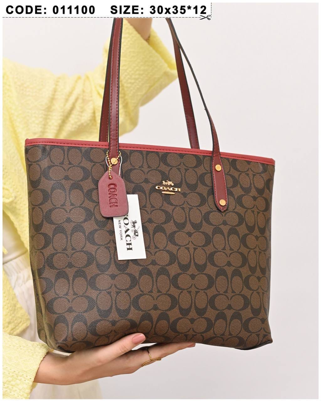 011100 — Brown and Red long-handle tote bag detail, 30 × 35 × 12 (Brown and Red)
