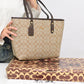 011100 — Beige and Dark Brown long-handle tote bag front, 30 × 35 × 12 (Beige and Dark Brown)