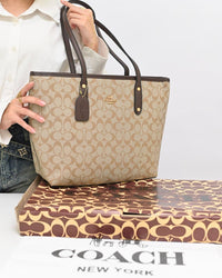011100 — Beige and Dark Brown long-handle tote bag front, 30 × 35 × 12 (Beige and Dark Brown)