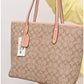 011100 — Beige and Pink long-handle tote bag detail, 30 × 35 × 12 (Beige and Pink)