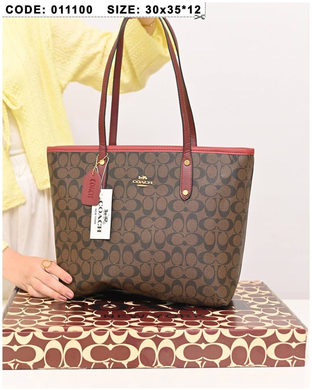 011100 — Brown and Red long-handle tote bag front, 30 × 35 × 12 (Brown and Red)