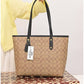 011100 — Beige and Black long-handle tote bag front, 30 × 35 × 12 (Beige and Black)