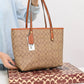 011100 — Beige and Tan long-handle tote bag front, 30 × 35 × 12 (Beige and Tan)