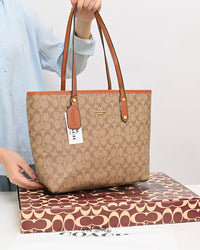 011100 — Beige and Tan long-handle tote bag front, 30 × 35 × 12 (Beige and Tan)