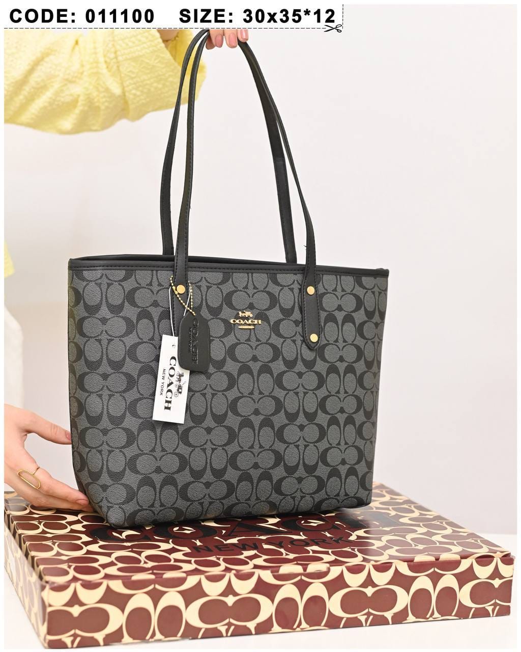 011100 — Grey and Black long-handle tote bag front, 30 × 35 × 12 (Grey and Black)