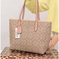 011100 — Beige and Pink long-handle tote bag front, 30 × 35 × 12 (Beige and Pink)