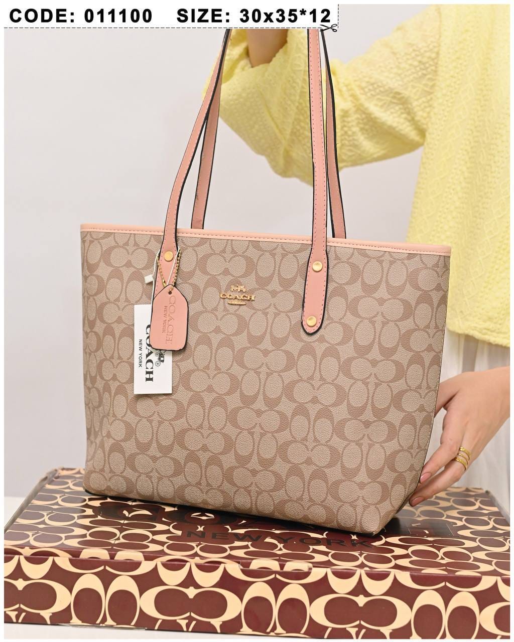 011100 — Beige and Pink long-handle tote bag front, 30 × 35 × 12 (Beige and Pink)