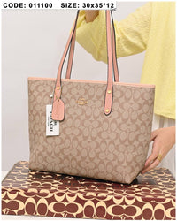 011100 — Beige and Pink long-handle tote bag front, 30 × 35 × 12 (Beige and Pink)