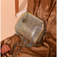 011445 — Gold chain-fringe evening bag front, 16 × 20 × 6 (Gold)