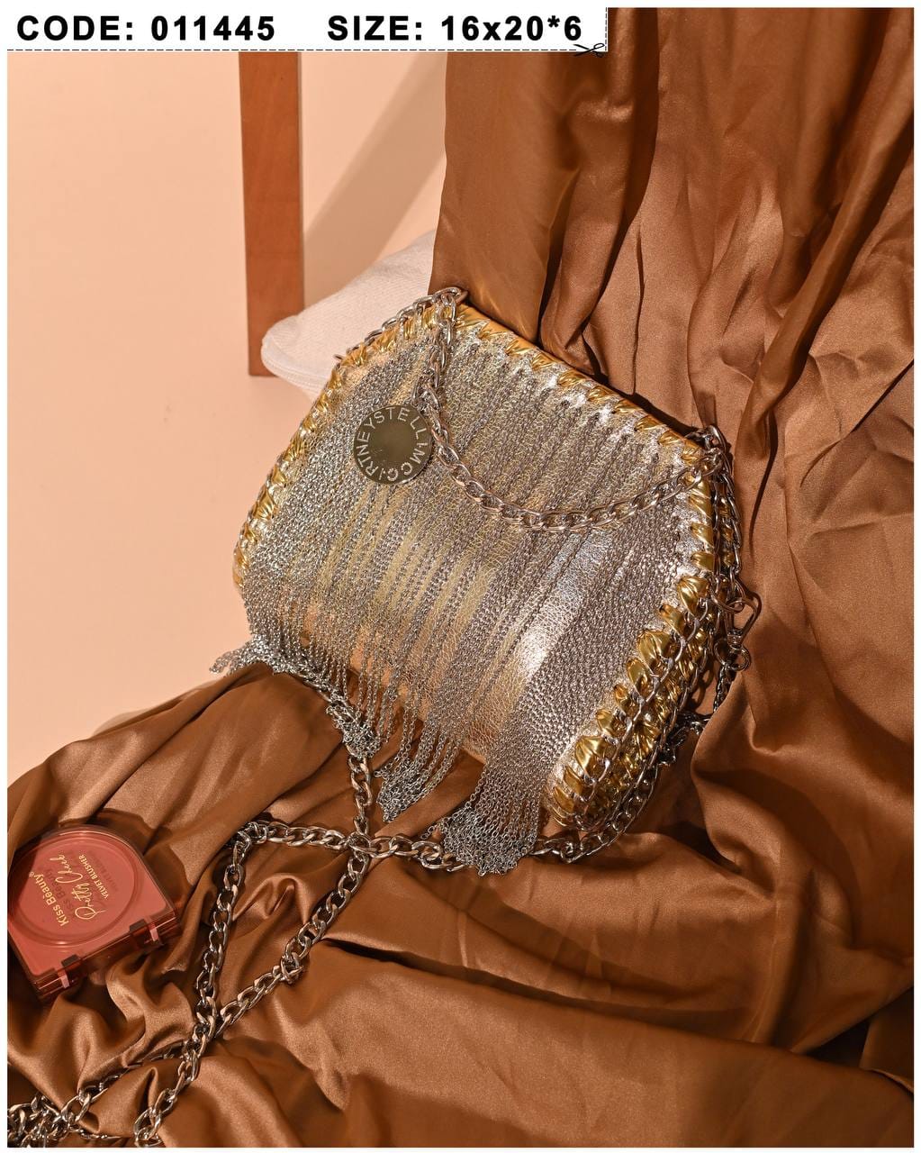 011445 — Gold chain-fringe evening bag front, 16 × 20 × 6 (Gold)