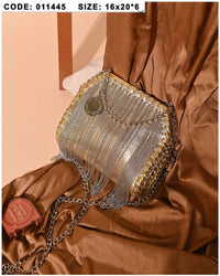 011445 — Gold chain-fringe evening bag front, 16 × 20 × 6 (Gold)