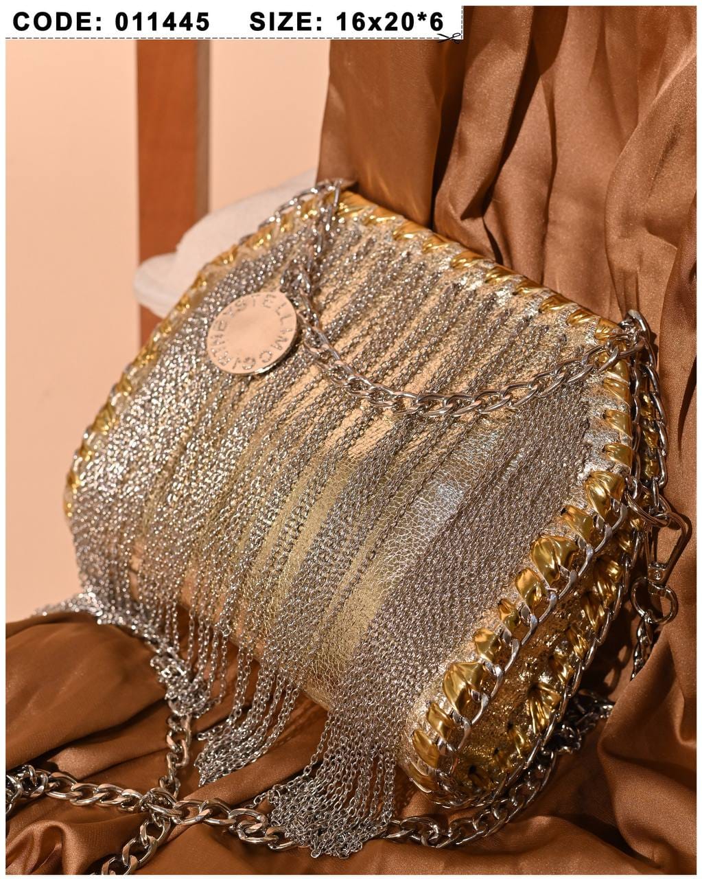 011445 — Gold chain-fringe evening bag detail, 16 × 20 × 6 (Gold)