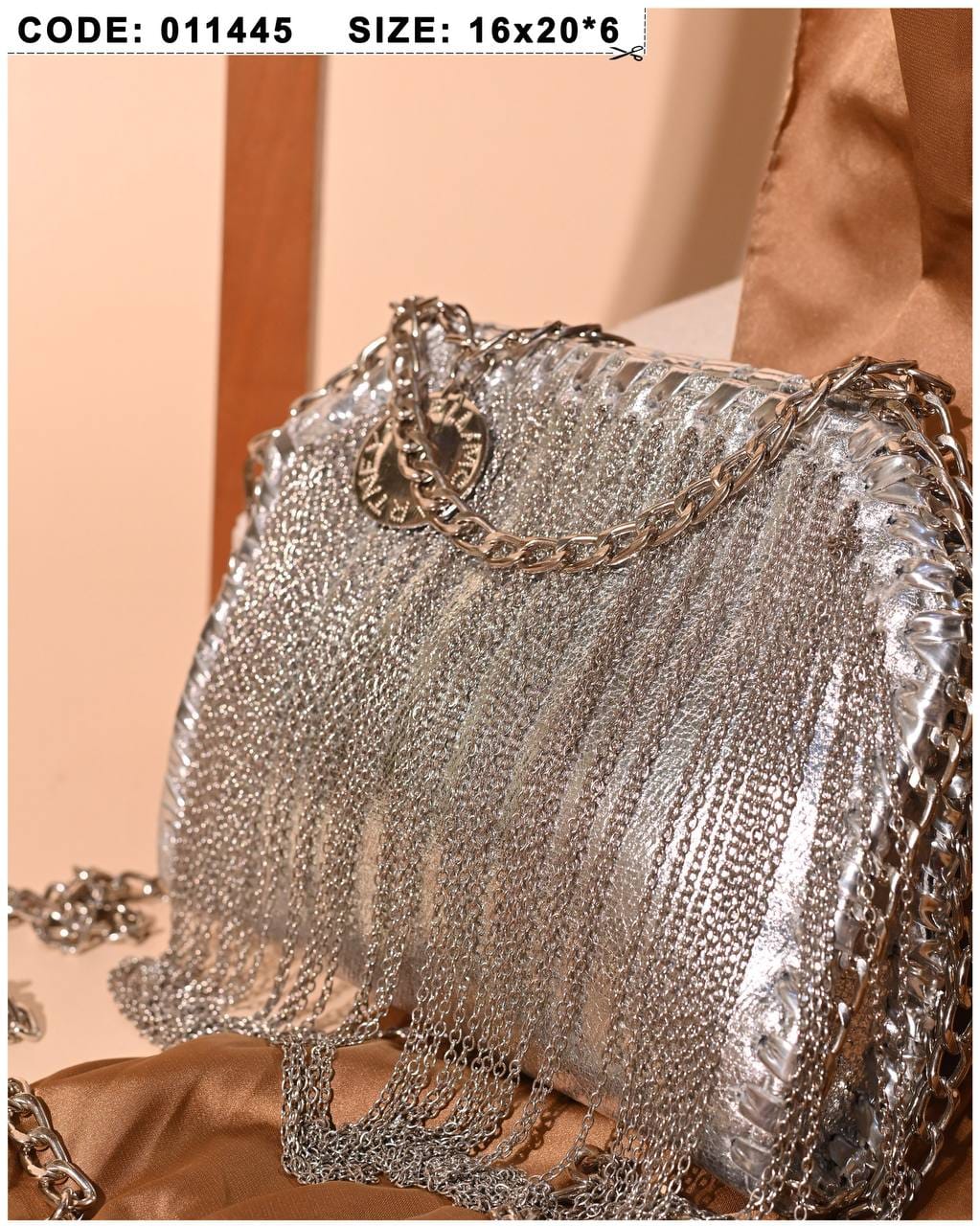 011445 — Silver chain-fringe evening bag detail, 16 × 20 × 6 (Silver)