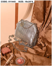 011445 — Silver chain-fringe evening bag front, 16 × 20 × 6 (Silver)
