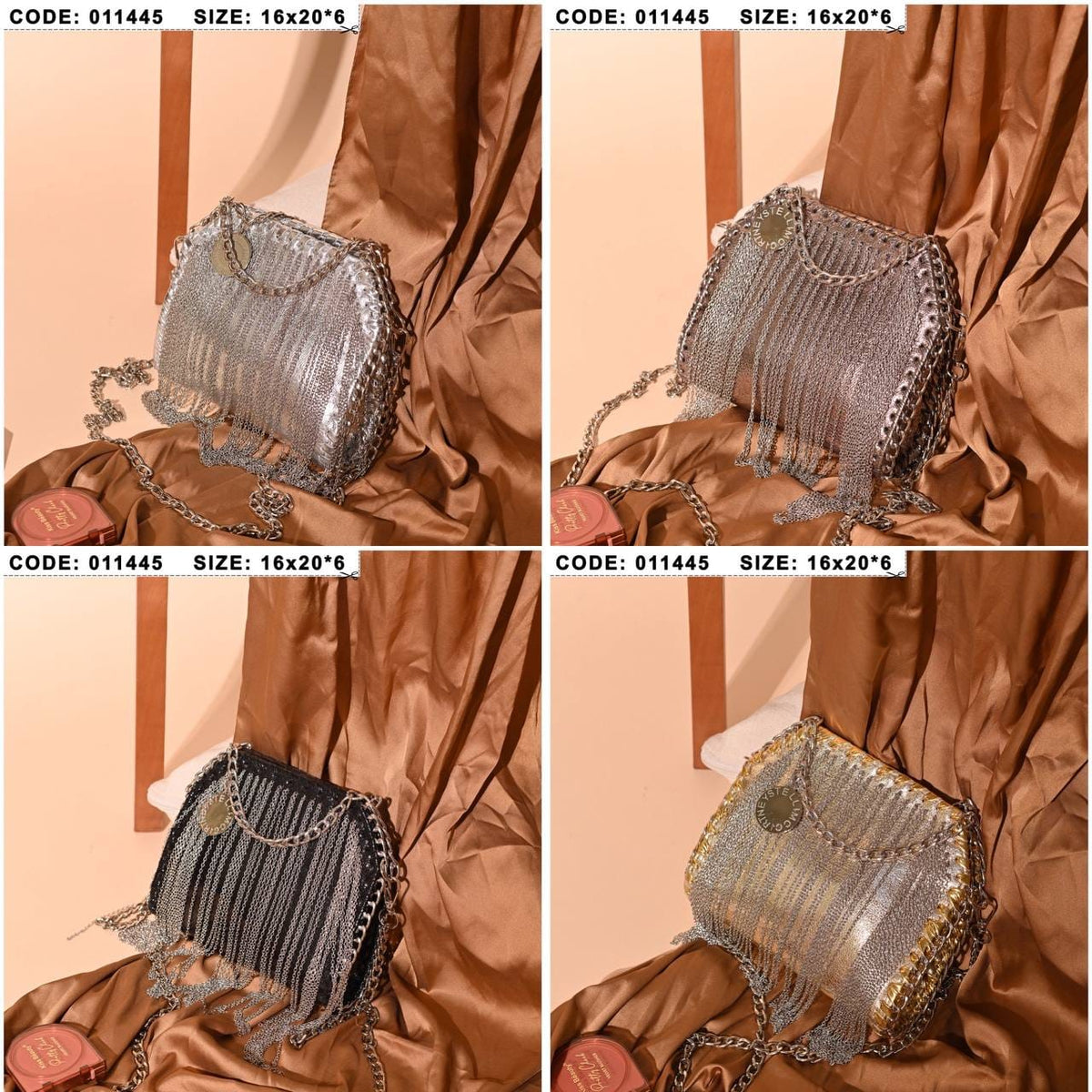 011445 — Chain-fringe evening bag, Gold, Silver, Bronze and Black color overview