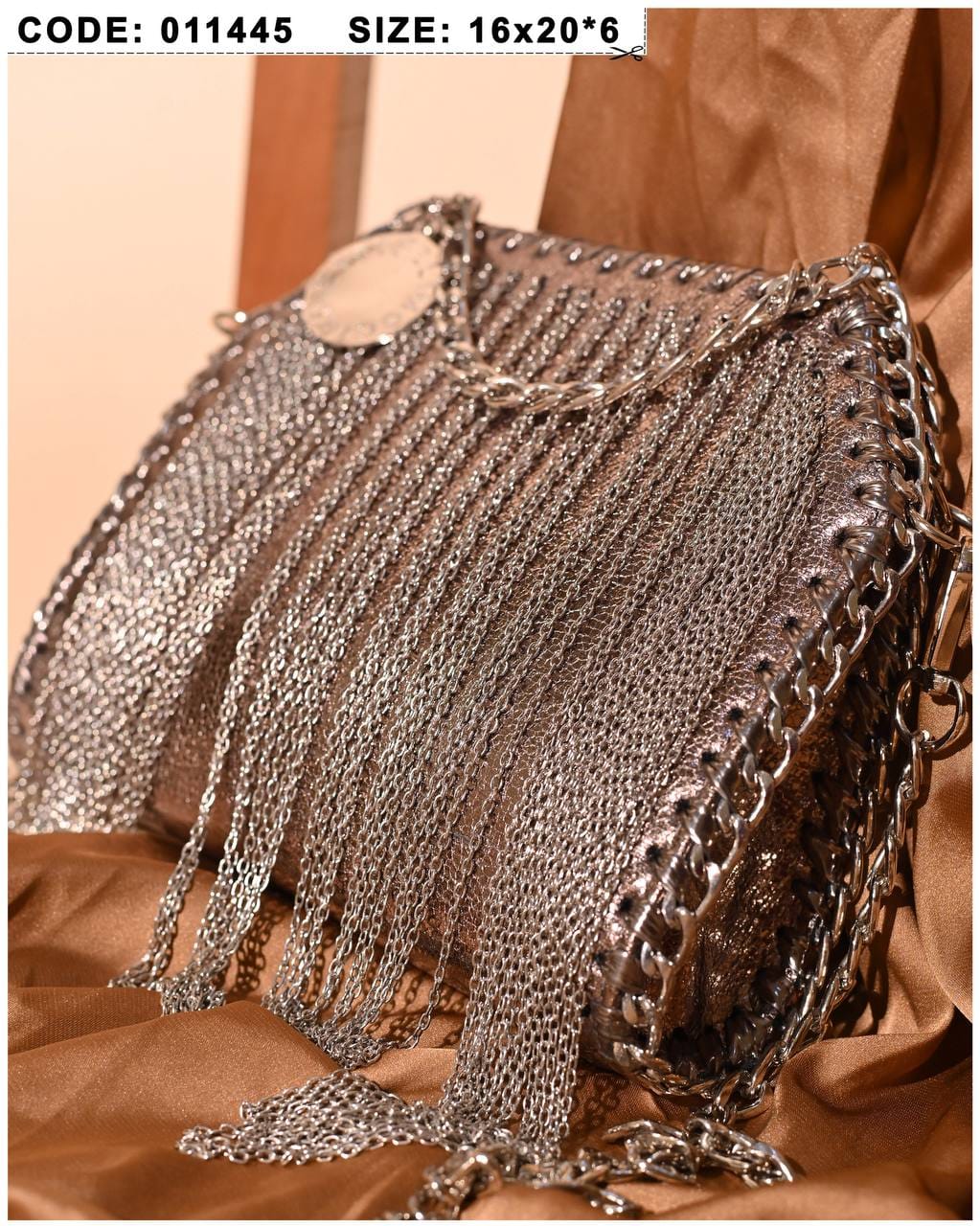 011445 — Bronze chain-fringe evening bag detail, 16 × 20 × 6 (Bronze)