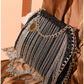 011445 — Black chain-fringe evening bag detail, 16 × 20 × 6 (Black)