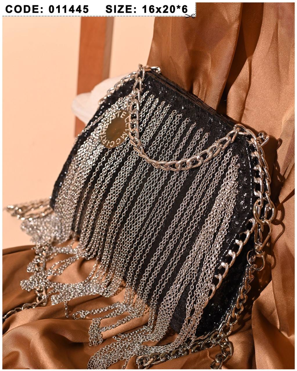 011445 — Black chain-fringe evening bag detail, 16 × 20 × 6 (Black)