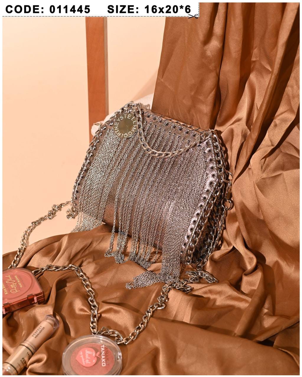 011445 — Bronze chain-fringe evening bag front, 16 × 20 × 6 (Bronze)