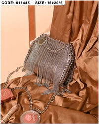 011445 — Bronze chain-fringe evening bag front, 16 × 20 × 6 (Bronze)