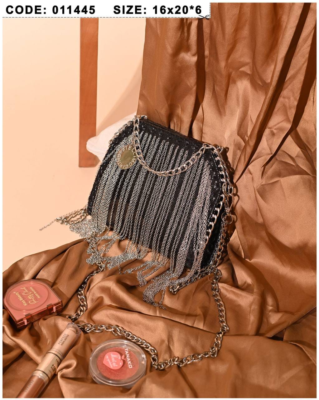 011445 — Black chain-fringe evening bag front, 16 × 20 × 6 (Black)
