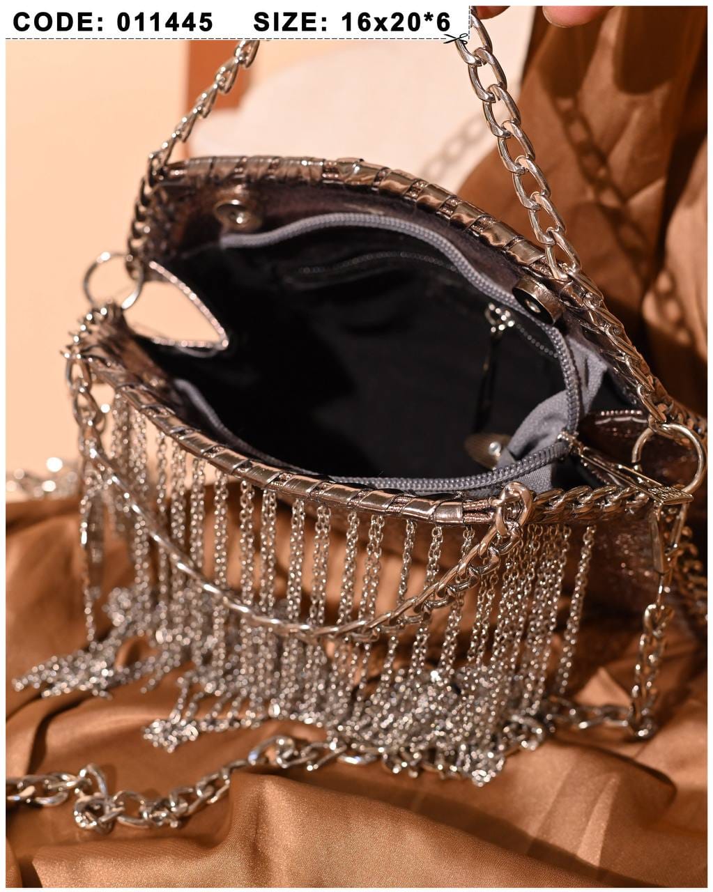 011445 — Bronze chain-fringe evening bag interior, 16 × 20 × 6 (Bronze)