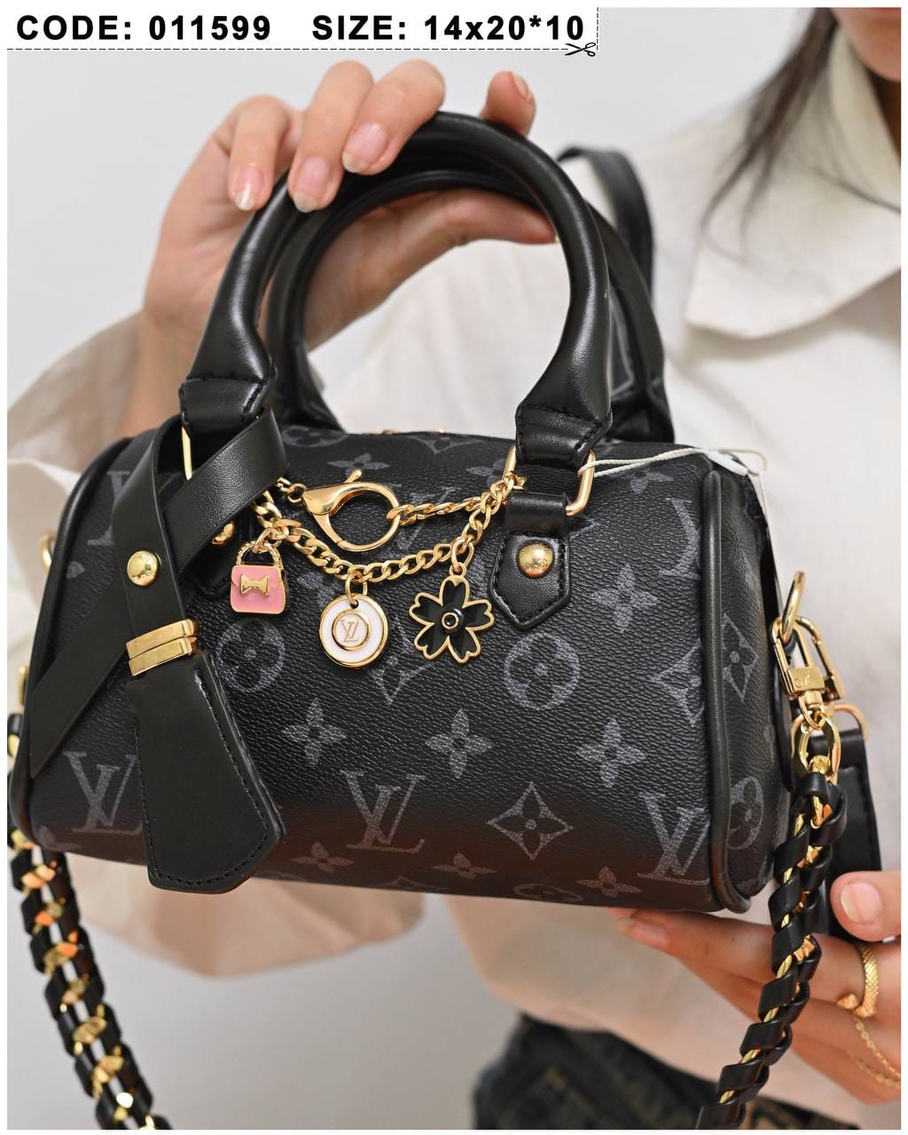 011599 — Black Patterned mini charm barrel handbag detail, 14 × 20 × 10 (Black Patterned)