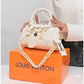 011599 — White mini charm barrel handbag front, 14 × 20 × 10 (White)