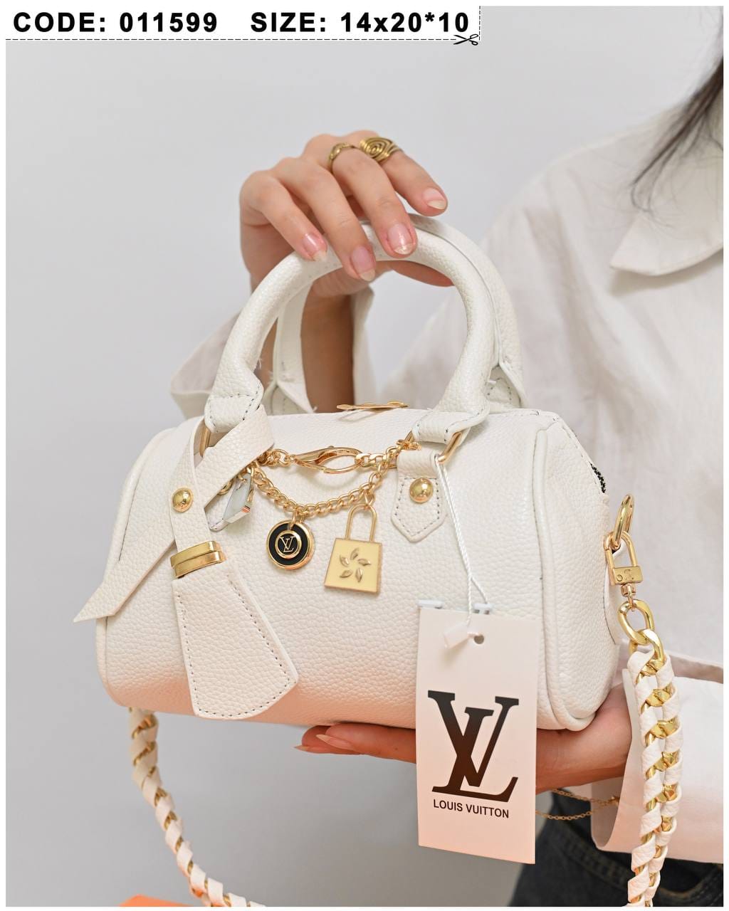 011599 — White mini charm barrel handbag detail, 14 × 20 × 10 (White)