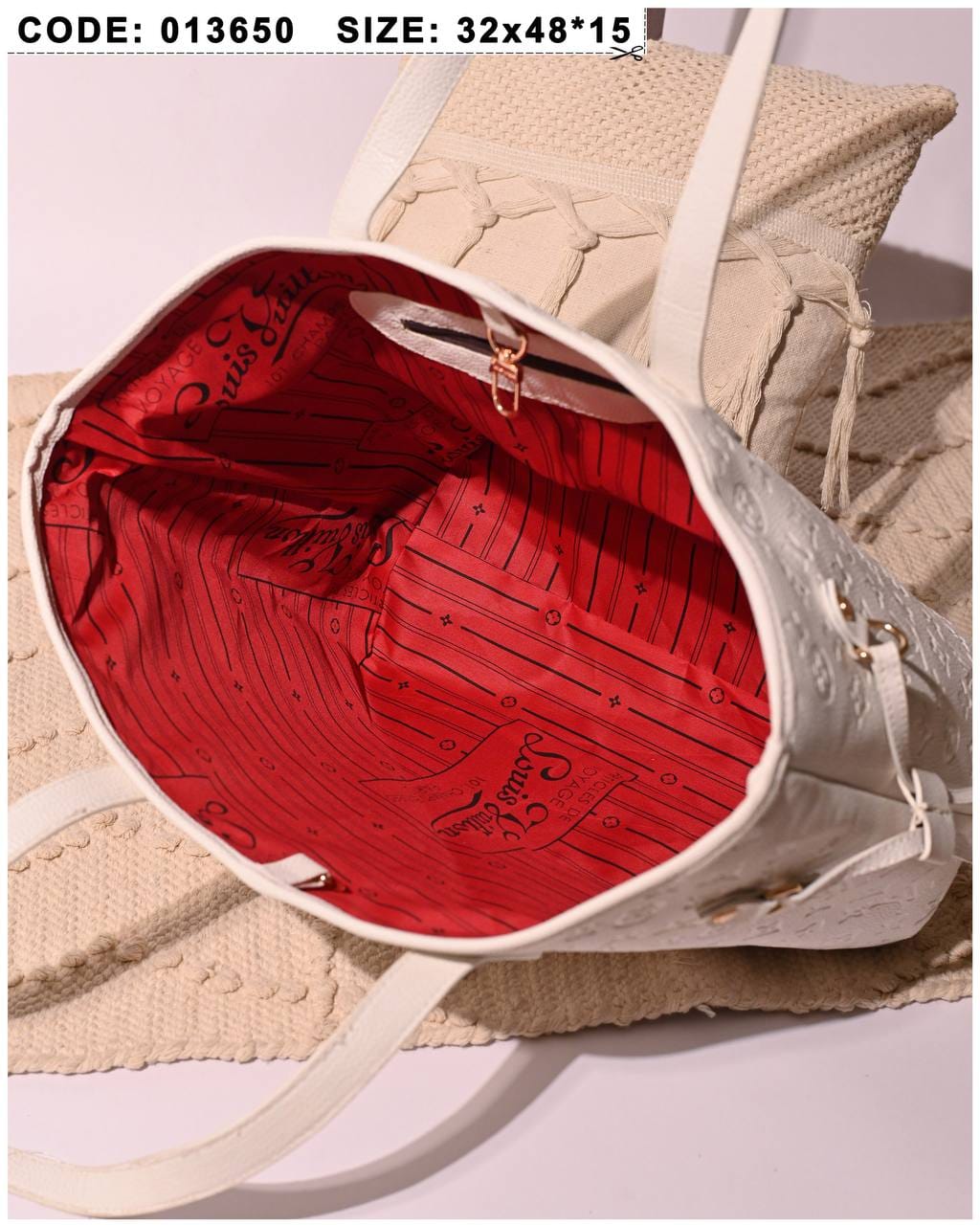 013650 — White embossed tote with matching pouch interior, 32 × 48 × 15 (White)