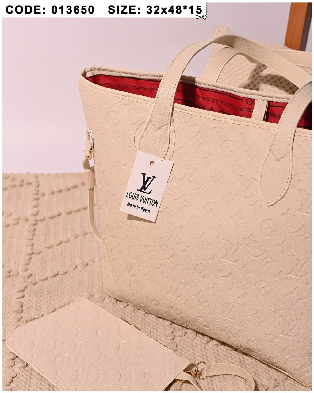 013650 — Cream embossed tote with matching pouch detail, 32 × 48 × 15 (Cream)